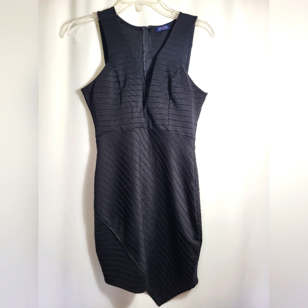 UK2LA black hard ribbed v-neck midi dress junior L #1747